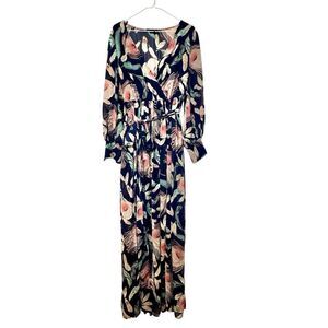 Miss Avenue Feather Print Tie Waist Long Sleeve Maxi Dress Multicolor Large
